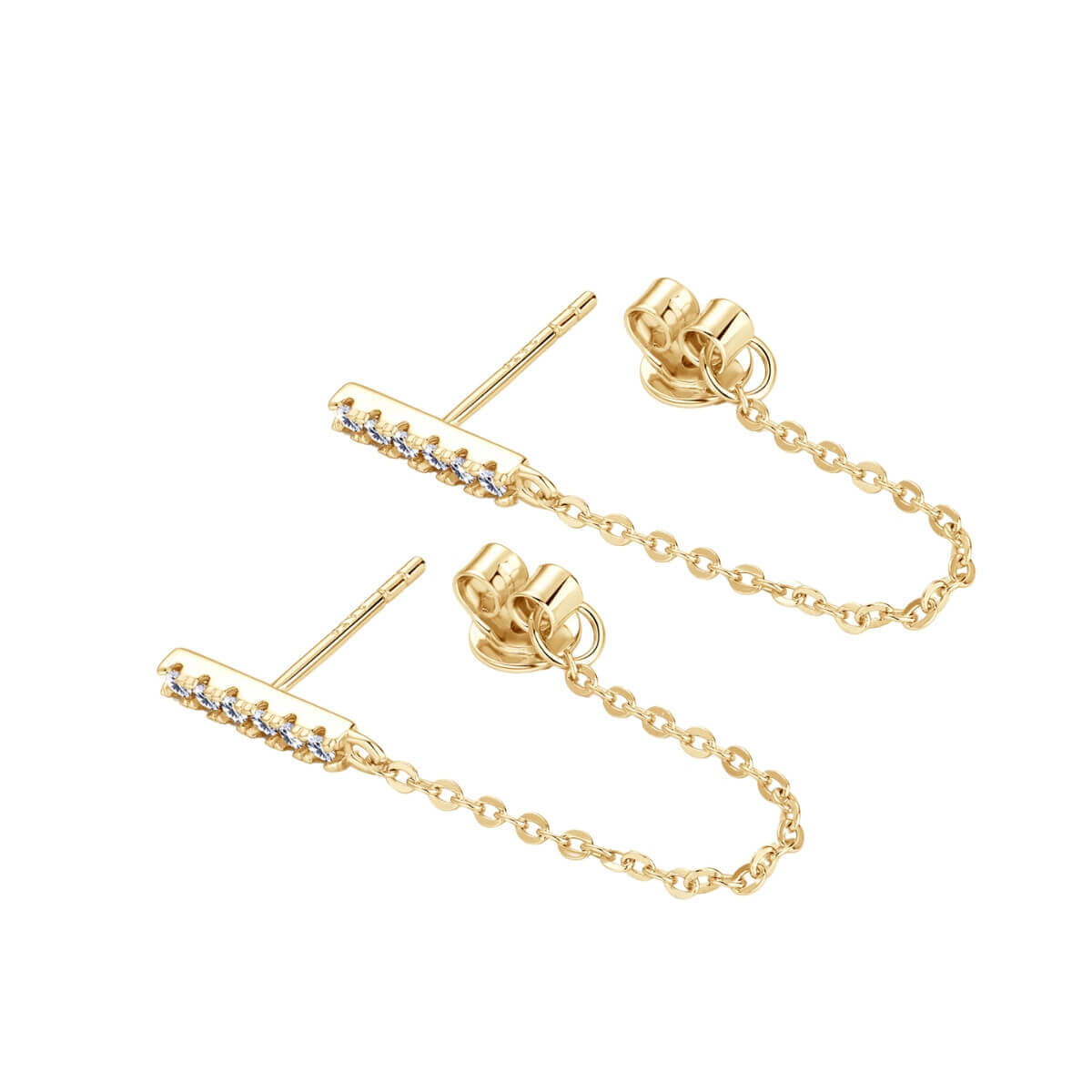 Diamond Bar Stud Earrings With Chain