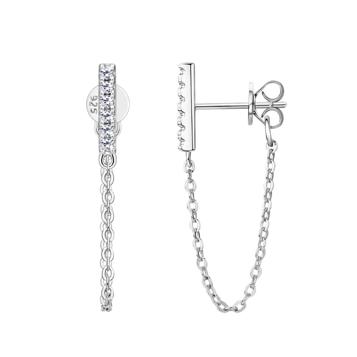 Diamond Bar Stud Earrings With Chain