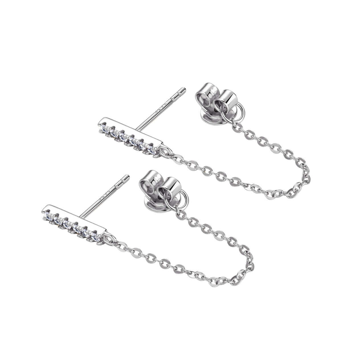 Diamond Bar Stud Earrings With Chain