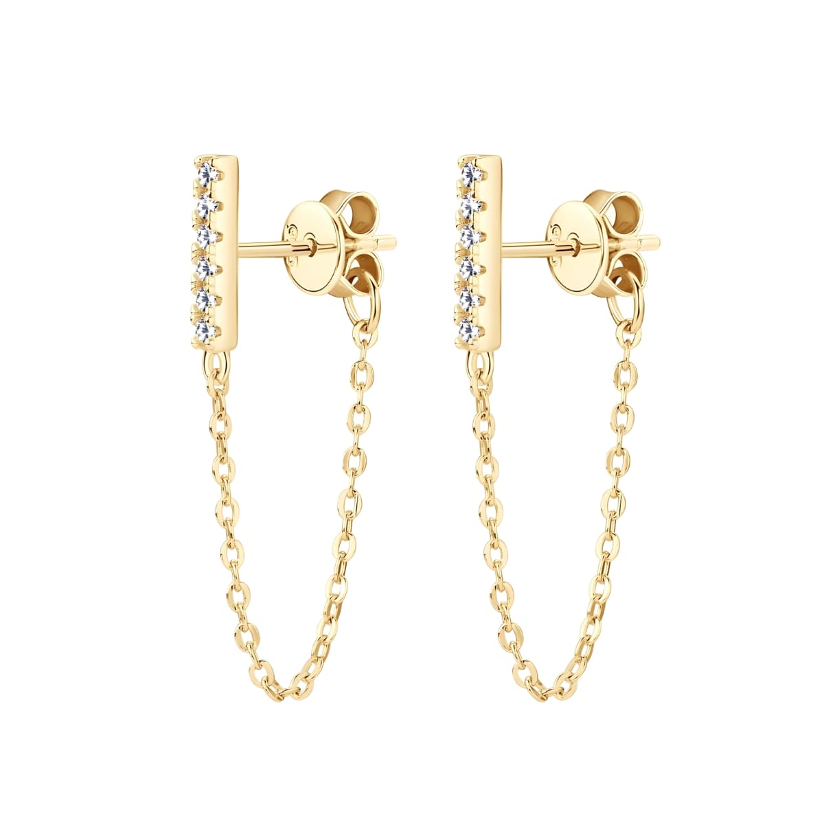 Diamond Bar Stud Earrings With Chain