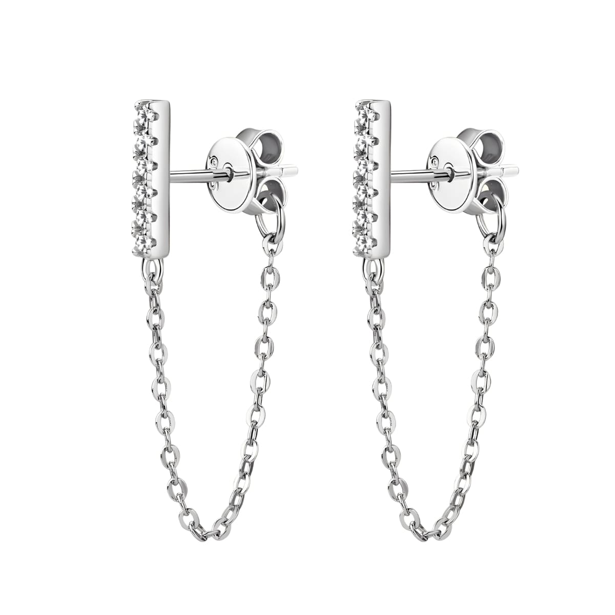 Diamond Bar Stud Earrings With Chain